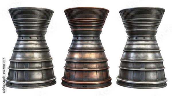 Fototapeta Three rocket engine nozzles isolated on transparent png background