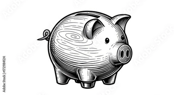 Fototapeta Engraved Piggy Bank Illustration with Detailed Line Work and Texture