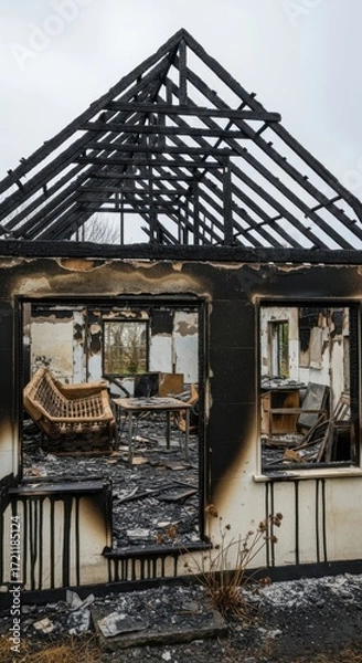 Fototapeta Haunting aftermath scene of devastating house fire, skeletal remains