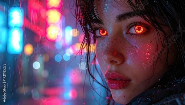 Fototapeta Cyberpunk Woman with Glowing Red Eyes in Rain