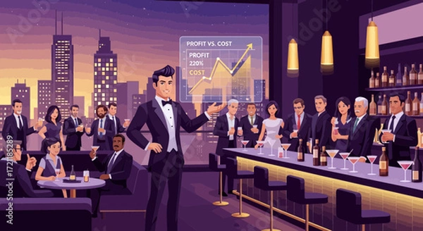 Fototapeta Illustrative visualization of a successful business presentation in a rooftop bar setting