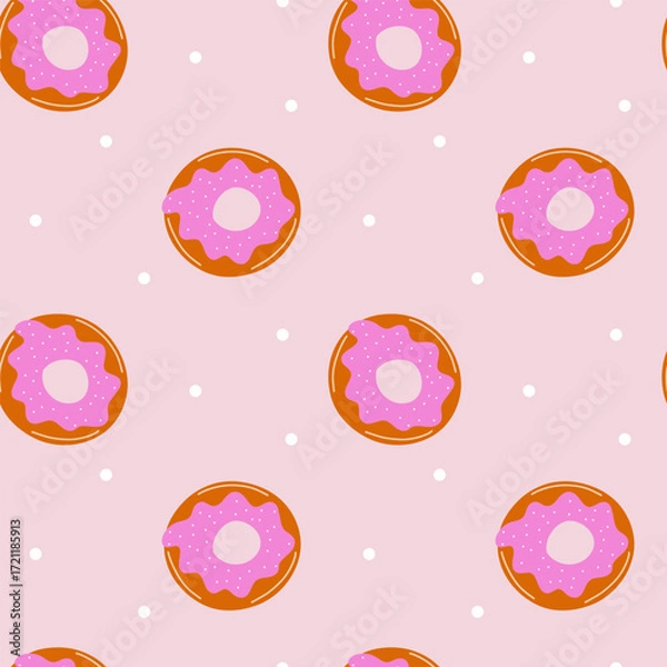 Fototapeta Seamless pattern with pink donuts and sprinkles, sweet bakery dessert background vector illustration.
