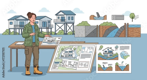 Fototapeta Architect presenting flood protection solutions for resilient coastal homes design