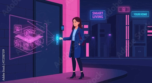 Fototapeta Woman using futuristic interface on door, Smart Home automation and connectivity