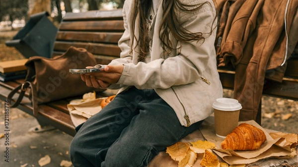 Fototapeta Person enjoying a relaxing autumn day with coffee and a croissant in the park.