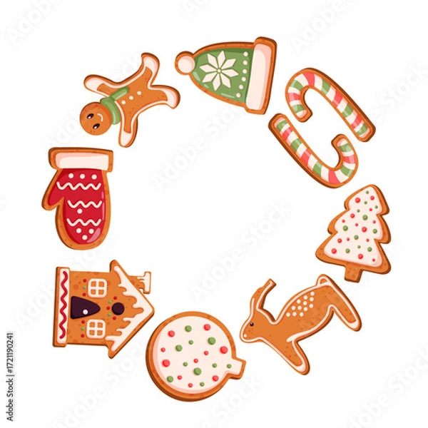 Fototapeta Christmas gingerbread cookies in circular frame including man, mitten, tree, house, candy cane and reindeer shape with icing in cartoon.