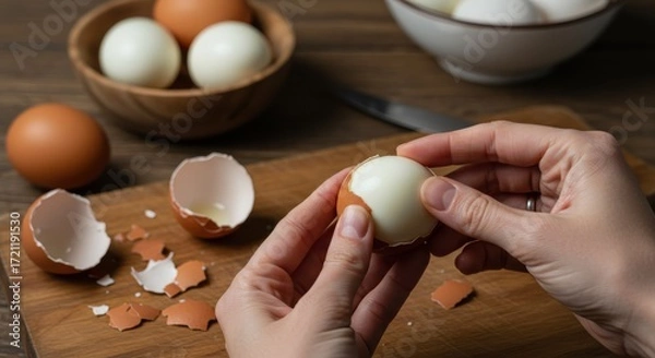Fototapeta Hands Peeling Hard Boiled Egg with Shell Fragments 