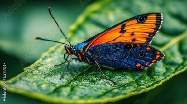 Fototapeta Colorful butterfly resting on leaf in tropical forest macro photography nature serenity