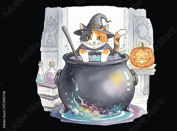 Fototapeta A witch calico cat cooking some potion in a cauldron