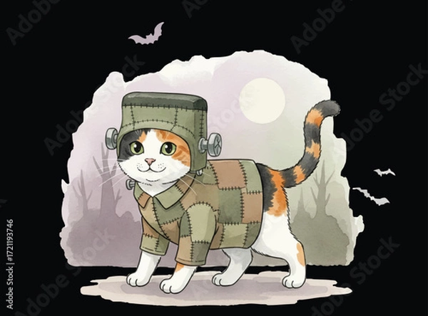 Fototapeta A Calico cat wear the botchy hat and shirt look like Frankenstein