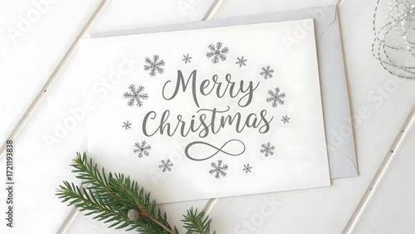 Fototapeta Elegant Merry Christmas Card with Snowflakes and Evergreen Branch on White Wood