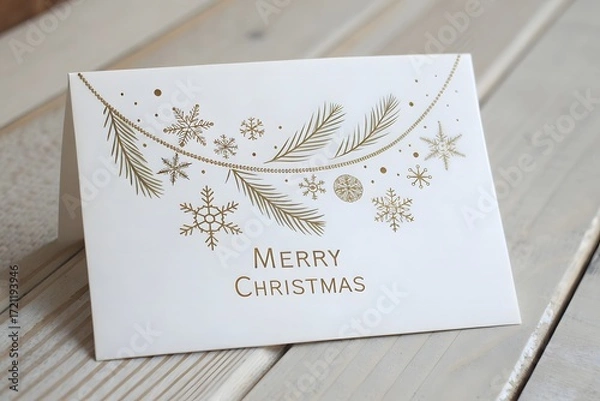 Fototapeta Elegant Christmas Card with Gold Snowflakes and Evergreen Branches on Wood Surface