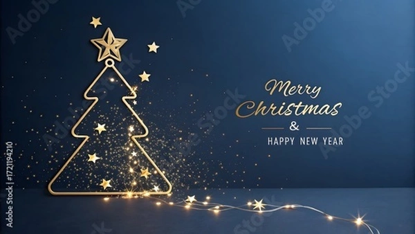 Fototapeta Elegant Christmas Tree Outline with Golden Stars and Lights on Blue