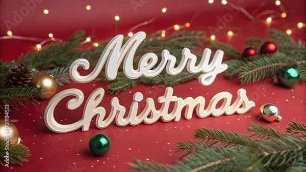 Fototapeta Holiday greeting with evergreen branches ornaments and string lights on red