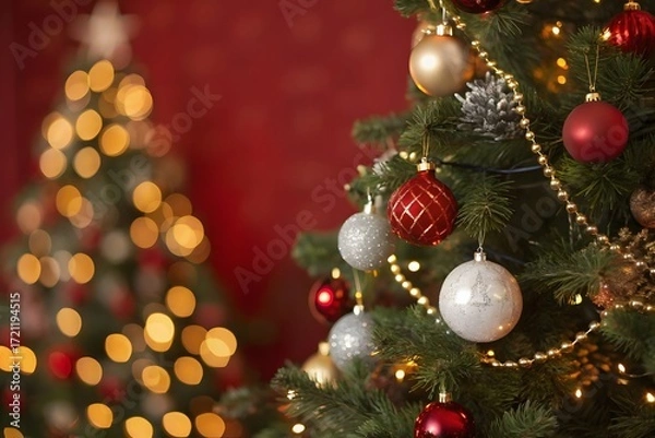 Fototapeta Decorated Christmas Trees with Ornaments and Lights in a Cozy Home Setting