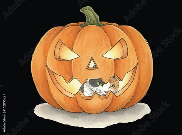 Fototapeta A Calico cat is hiding in the huge demon pumpkin