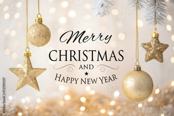 Fototapeta Elegant Christmas and New Year Greeting Card with Golden Ornaments and Lights