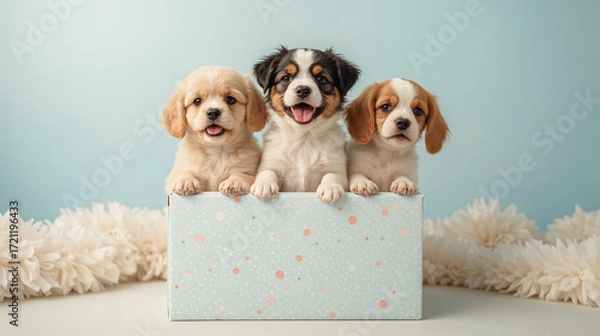 Fototapeta Three adorable puppies peeking out of a box, looking cute and playful.