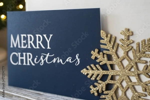 Fototapeta Holiday Greeting Card with Gold Snowflake Ornament on a Mantelpiece