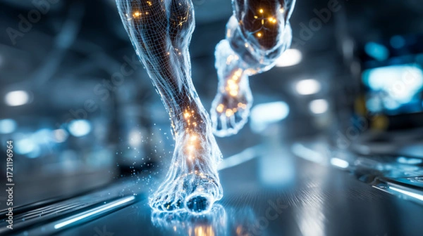 Fototapeta Futuristic depiction of a runner's legs on a treadmill with glowing energy.