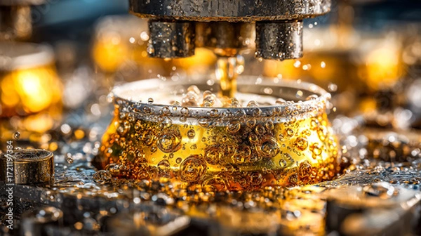 Fototapeta Close-up of a machine filling a golden can with liquid, creating bubbles.