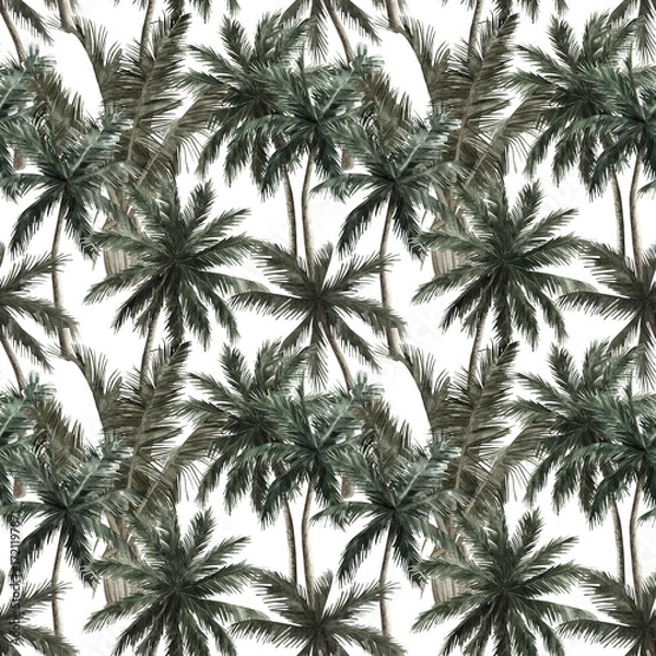 Fototapeta Jungle summer print. Watercolor seamless pattern with palm trees on white background. Hand drawn illustration