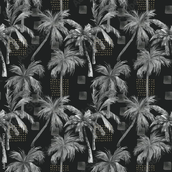 Fototapeta Abstract  print with palm trees and geometric elements on black background. Watercolor seamless pattern. Hand drawn  illustration. Mixed media art