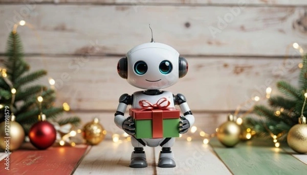 Obraz A cute little robot that smiles against the background of a New Year's interior, with a gift in his hands. The concept of New Year and Christmas
