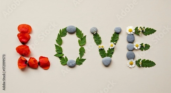 Fototapeta Nature speaks love — petals, leaves, stones, and daisies unite to form a heartfelt message on a soft canvas.