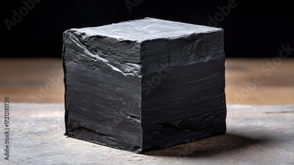 Fototapeta Charcoal-infused soap bar, black slate surface, matte textured finish, dramatic top light, monochrome black and gray, minimal style, clean presentation, studio mockup, product photography