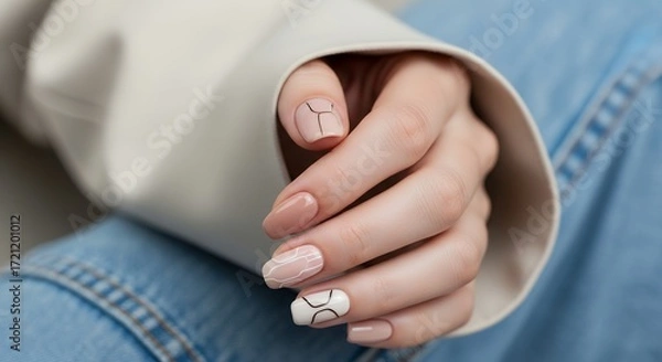 Fototapeta Close up of a woman's manicured hands showcasing stylish nail art with neutral tones and abstract line designs draped in denim and a cream jacket Nails Fashion Beauty Style Modern Lines