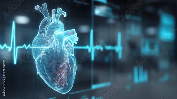 Obraz A glowing, wireframe heart is dramatically illuminated against a dark background, overlaid with a bright blue electrocardiogram line, symbolizing life and medical technology.