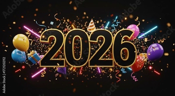Obraz Festive 2026 Celebration with Golden Numbers, Colorful Balloons, Confetti, and Neon Lights on a Dark Background