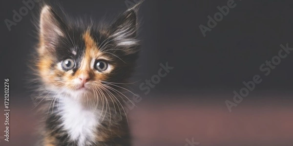 Fototapeta Calico kitten looking at camera with big eyes