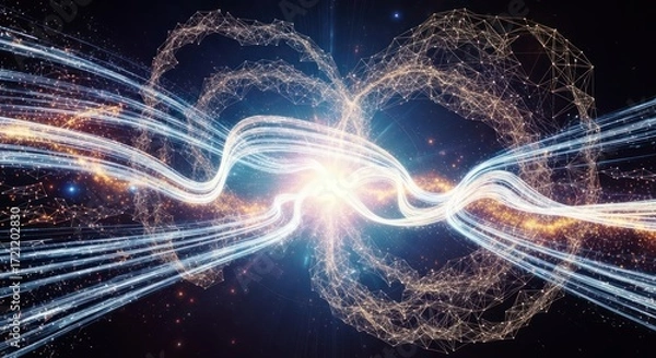 Fototapeta Abstract network with flowing light streaks and cosmic dust effect