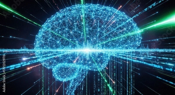 Fototapeta Networked brain graphic with neon streams of light on dark backdrop