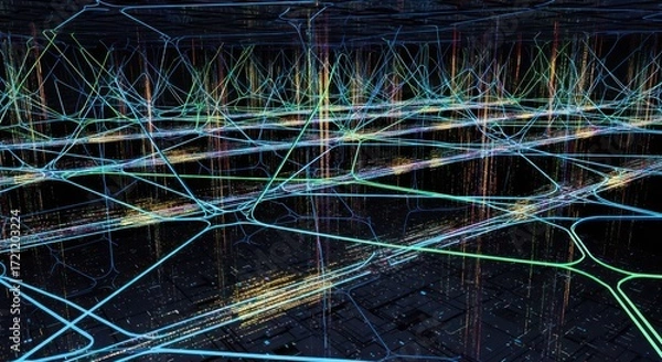 Fototapeta Abstract network structure with lights, digital background design