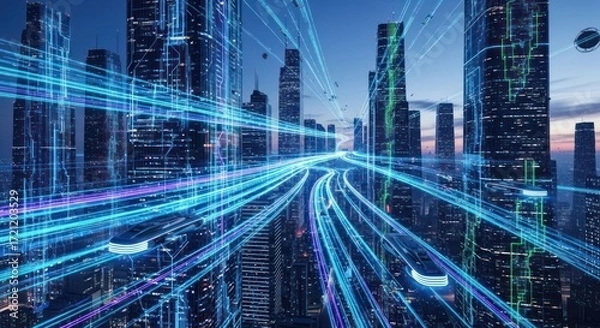 Fototapeta Futuristic city with dynamic light trails at dusk