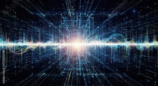 Fototapeta Abstract digital background with glowing lines and waves of light.