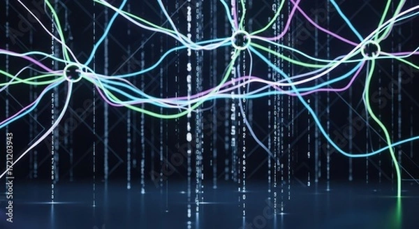 Fototapeta Illustration of abstract neuronal network with data streams in background