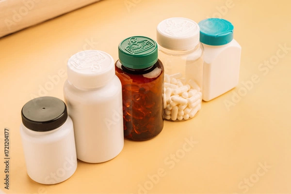 Fototapeta Row of unlabeled supplement containers on beige product display. High quality photo
