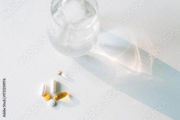 Fototapeta Ice water glass and assorted vitamins with long morning shadows on a light surface. High quality photo