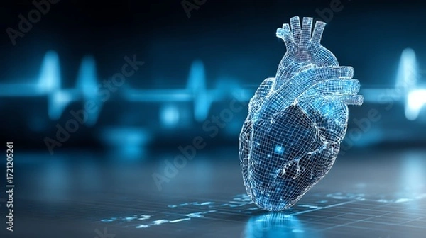 Fototapeta A luminous, wireframe heart rests upon a digital grid, symbolizing the intersection of anatomy and technology, evoking a sense of futuristic medical innovation and vital life force.