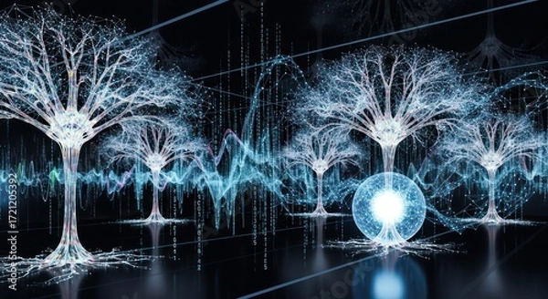 Fototapeta Abstract trees network connected by data lines and energy sphere