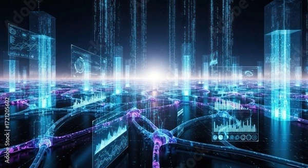 Fototapeta Abstract network of data connections with glowing monitors and data flow