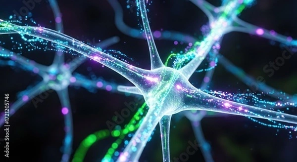 Fototapeta Illustration of neurons with glowing particles in a dark background