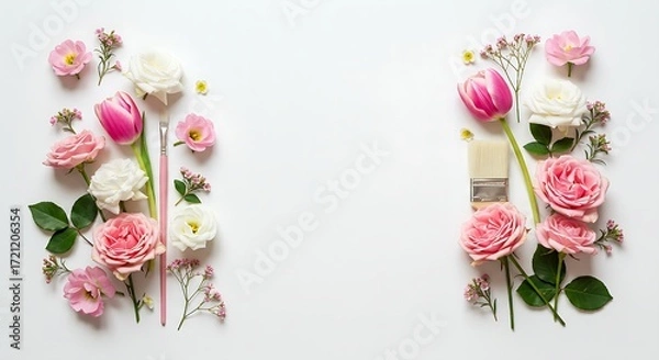 Fototapeta Creative flatlay with pink and white flowers, scattered petals, and paintbrush on white background — perfect for spring design themes