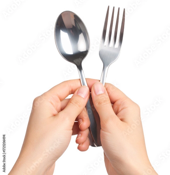 Obraz fork and spoon in hand isolated on white background
