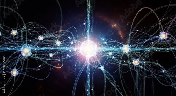 Fototapeta Neural network concept with interconnected glowing nodes and dark field
