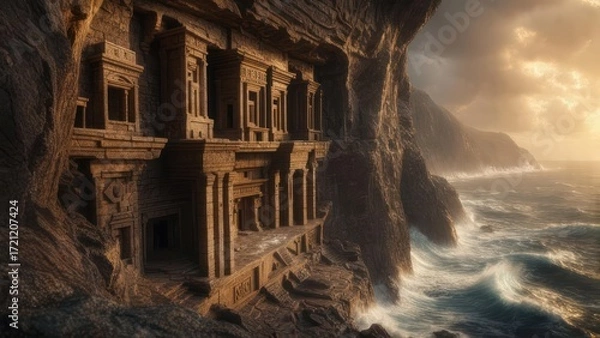 Obraz Ancient cliffside structures meet turbulent ocean